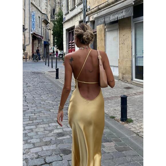 Blue Moonlight Open Back Satin Slit Long Dress - Picture 1 of 6